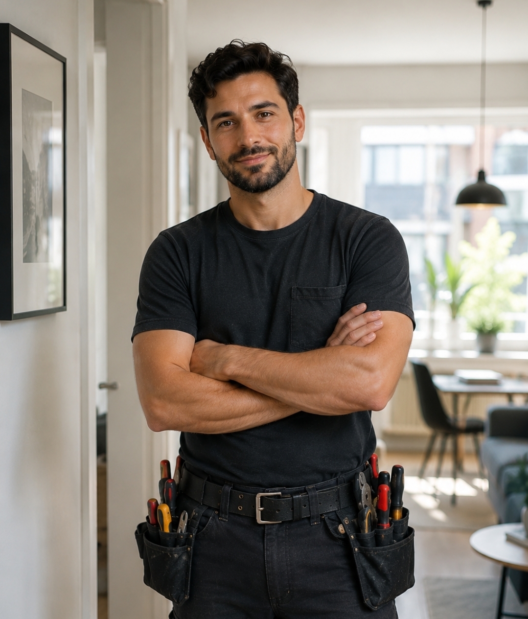 Professionell handyman från Hamitek i svart arbetskläder med verktygsbälte i ett modernt hem i Stockholm