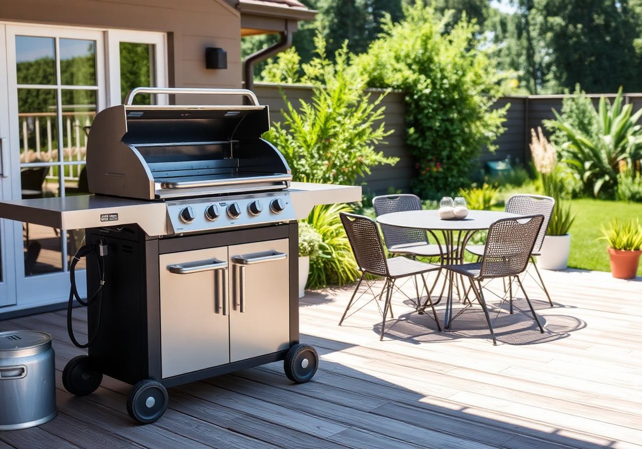 Monterad gasolgrill i rostfritt stål på en uteplats med trädgårdsmöbler